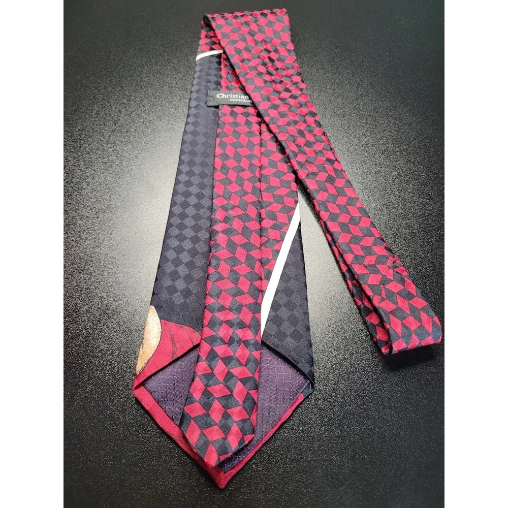 Christian Dior Mens Necktie Red Black Geometric Pinup Silk 4x58 Excellent